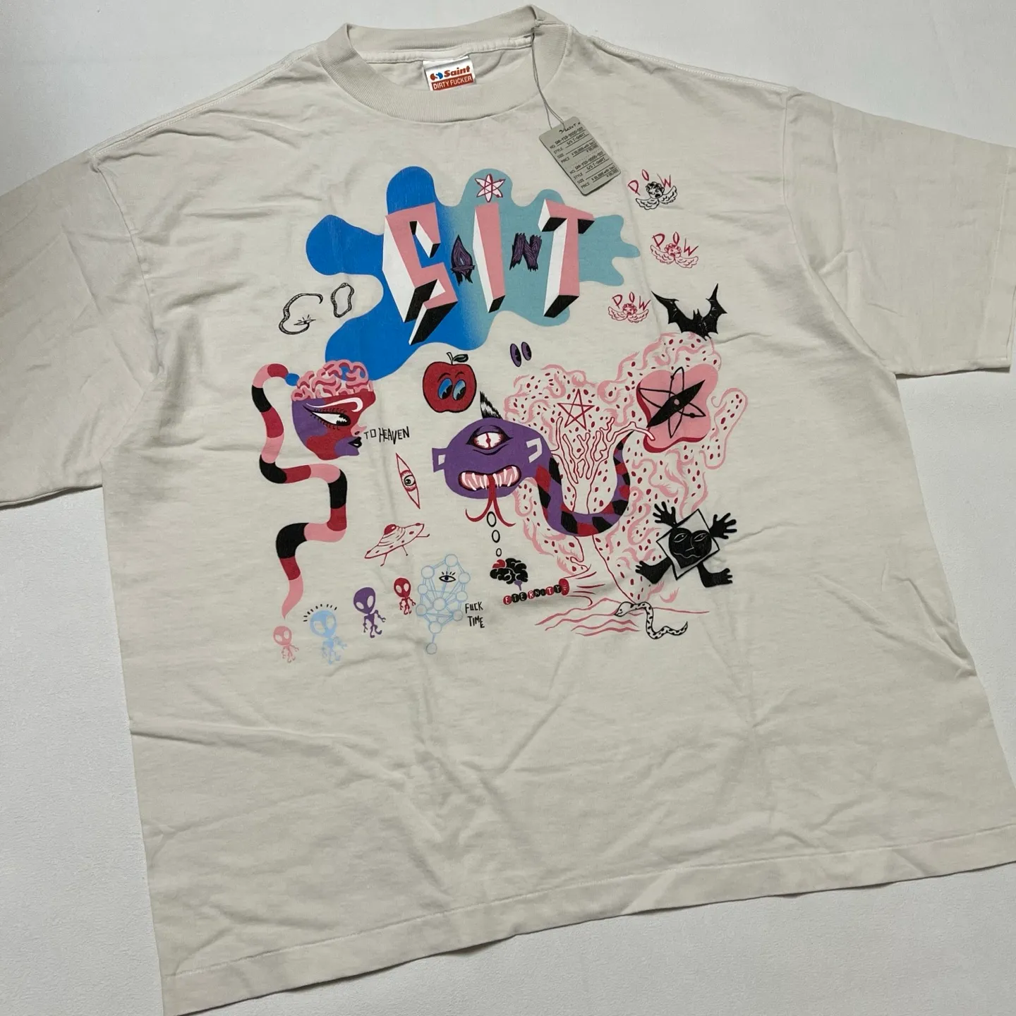 SAINT Mxxxxxx SS TEE/DAY OF THE FREAKS/WHT Monster Day/Monster Illustration Short Sleeve Off-White S-XL Same as the original version OE yarn cylinder without side seam fabric Top printing technology Zero difference restoration ZP Complete copy matching Main mark/wash mark/cherub mark complete